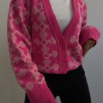 Desenli Oversize Düğme Detaylı Fuşya Hırka