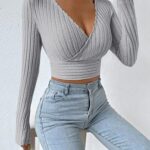 Uzun Kollu Kruvaze Yaka Şardonlu Kaşkorse Gri Bluz